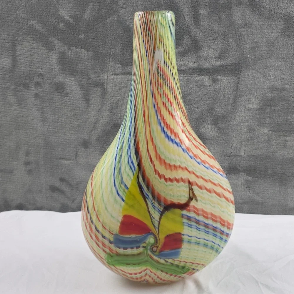 Vintage Murano Style Mid Century Vase Bright Color Lg Swirled Hand blown Glass